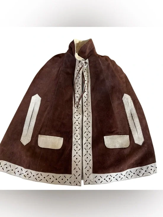 Vintage Leather Cape Poncho Hippie Jacket Size OS Tan Brown Zipper Front Western - Picture 6 of 13